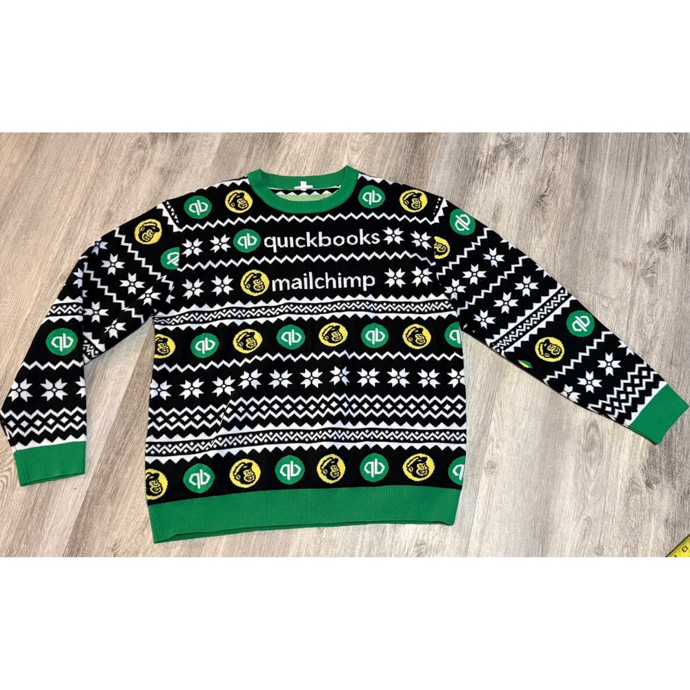 QuickBooks Mailchimp Ugly Christmas Sweater FPS Apparel XL Black Green Tech